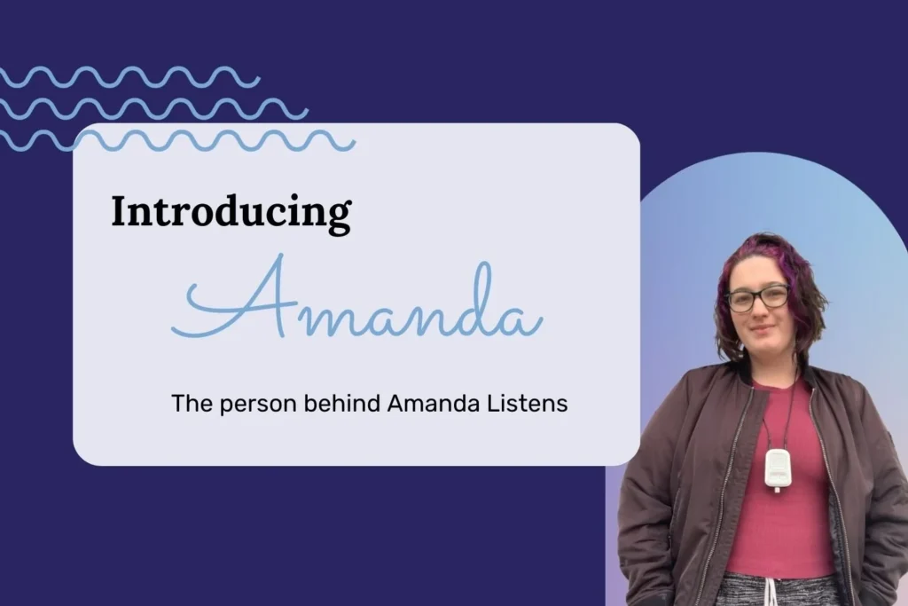 Introducing Amanda: The person behind Amanda Listens (navy background with image of Amanda behind a gradient arc on the right. Title on a white rectangle off center with three swiggly lines above from the left side).