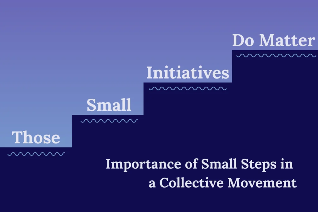 A purple- blue gradient with navy steps going up from left to right. On. each step is the words of the title “Those Small Initiatives Do Matter,” with the rest of the tile on the bottom right “Importance of Small Steps in a Collective Movement.”