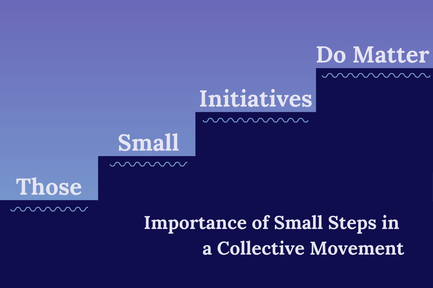 Those Small Initiatives Do Matter: Importance of Small Steps in a Collective Movement Blog Image A purple- blue gradient with navy steps going up from left to right. On. each step is the words of the title “Those Small Initiatives Do Matter,” with the rest of the tile on the bottom right “Importance of Small Steps in a Collective Movement.”