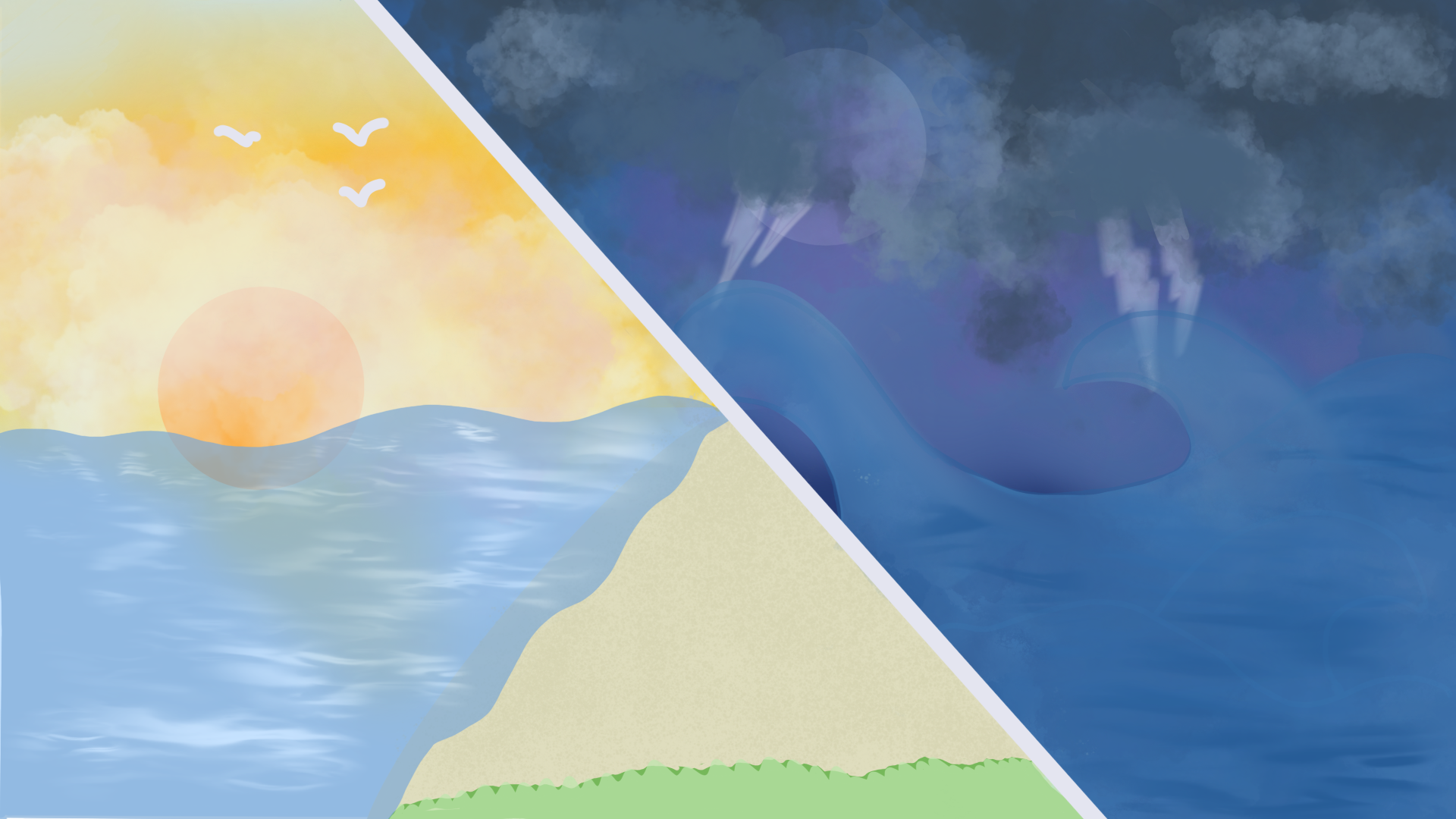 An artwork by Amanda representing the two sides of her disabilities. Spilt through diagonal line, the left is the orange sun setting over the blue, calm water leading to the shore where there is a sandy area. On the right, a stormy night in the middle of sea with lightning and dark clouds. Waves are violently crashing into each other.