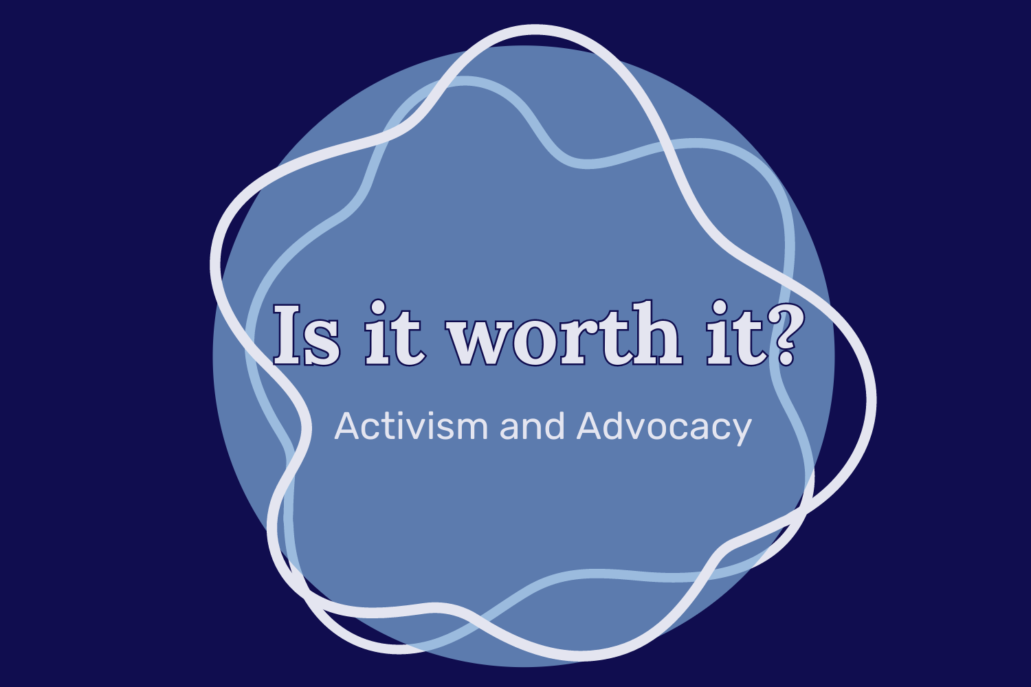 On a navy background, a blue circle is in the center with wavy white blobs surrounding the title “Is it worth it? Activism and Advocacy.”