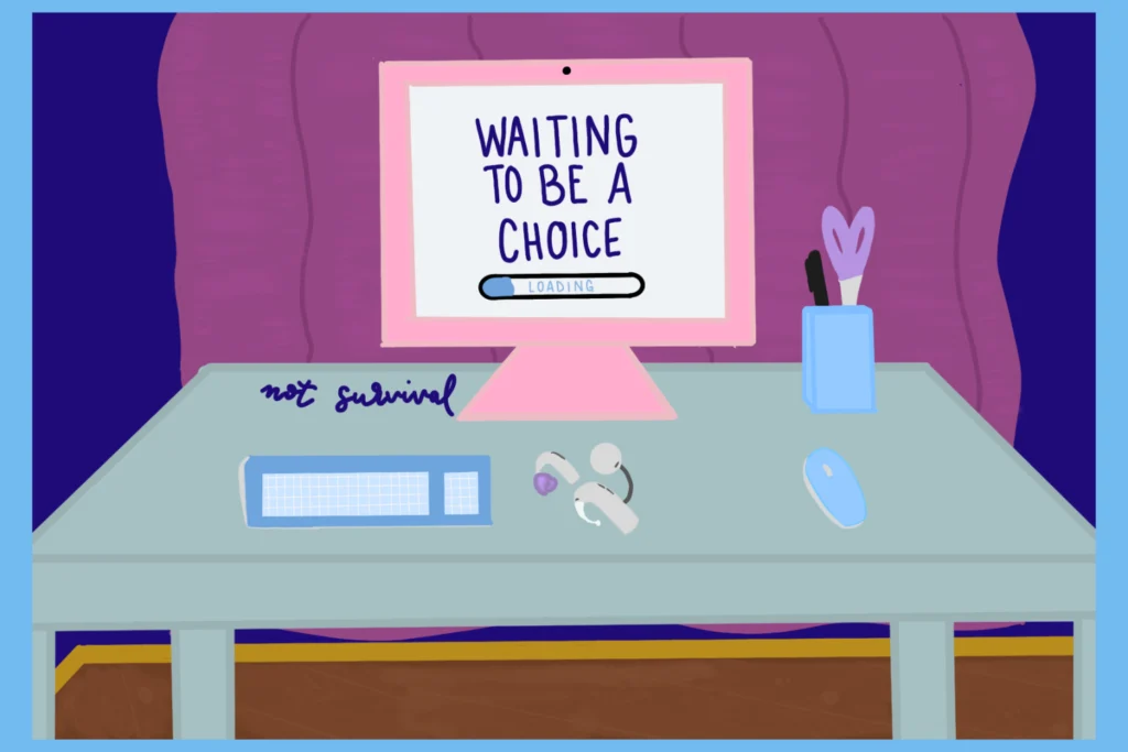 A desk with a computer setup in front of a curtain. In front of the computer is a Cochlear Implant and Hearing Aid laying on the desk. The computer screen says 