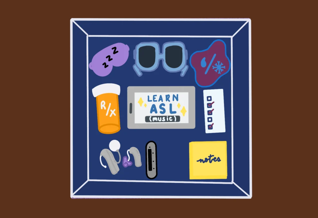 Disabilities Toolbox | Art Piece Blog Image On a brown background, a drawing of a blue box with various tools such as Hearing devices (Cochlear Implant and Hearing Aid), FM System (microphone), Captioning, Notes (Phone and Notebook), ASL (American Sign Language), Medication for Pain, Tracker Notes (for flare-ups and sensory overloads), Sleep Mask, Heat and Cold Packs, Sunglasses.