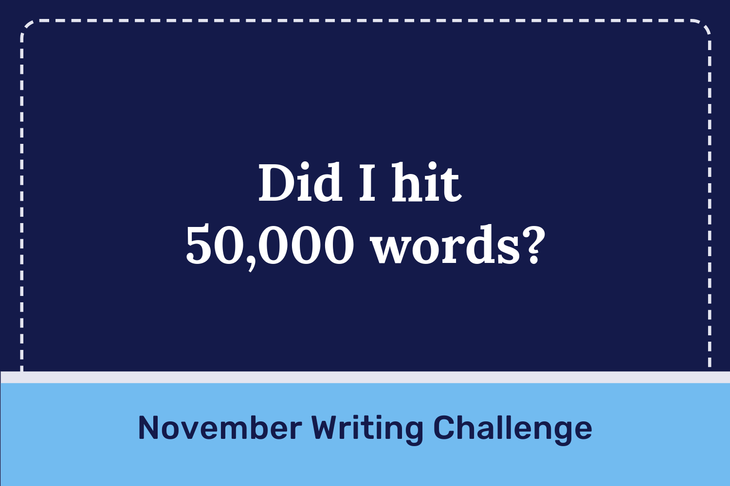 Did I hit 50,000 words? | November Writing Challenge Blog Image On a navy background with white dashed border, a blue bar on the bottom with the title “Did I hit 50,000 words?” in the center of the image. The “November Writing Challenge” is inside the blue bar.