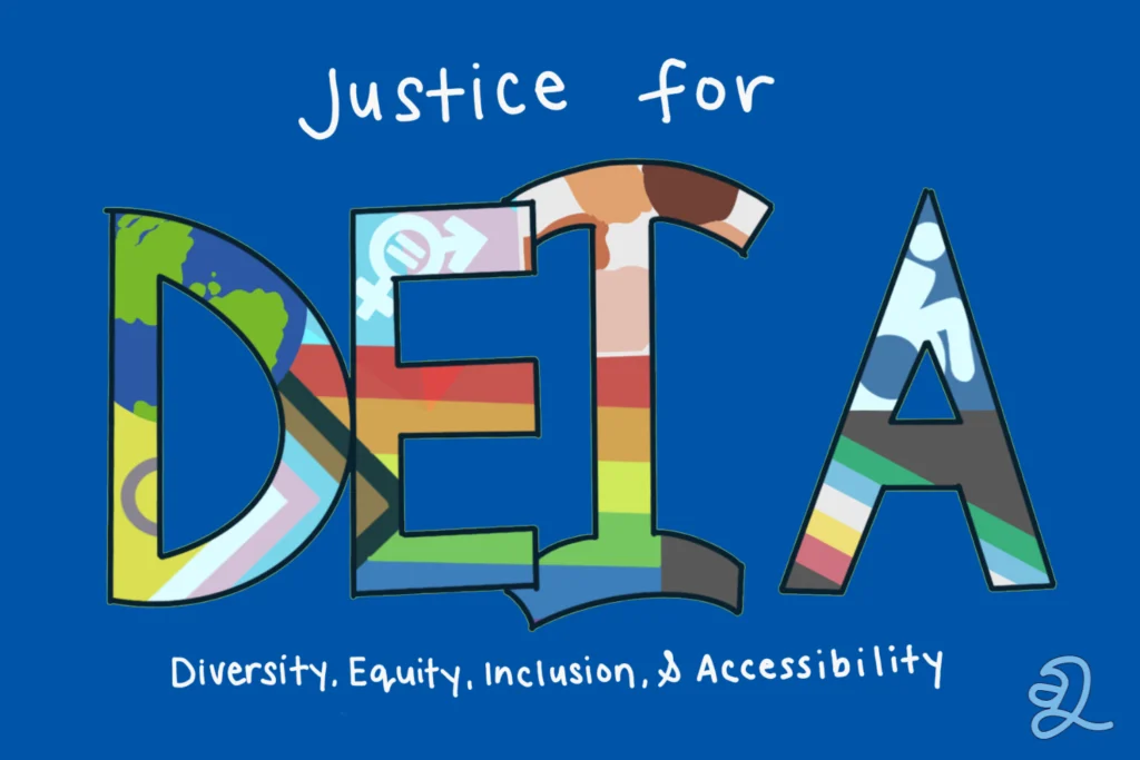 Justice for Diversity, Equity, Inclusion and Accessibility | Art Piece On a blue background, big block letters DEIA across the image. Within the letters are drawings of different images. Going left to right, starting with D, the images are globe, inclusive pride flag, gender symbols together with blue and pink to signal gender equality, hands together in a circle of different skin tones, the active wheelchair symbol, and the disability pride flag. The words handwritten surrounding DEIA states, Justice for Diversity, Equity, Inclusion, & Accessibility.