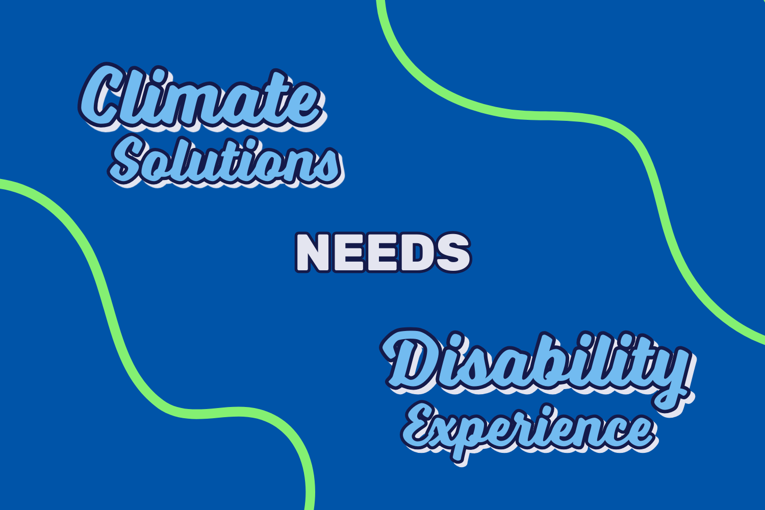 Climate Solutions Needs Disability Experience Blog Image The title “Climate Solutions Needs Disability Experience” on a blue background with green wavy lines on the sides of the title. “Climate Solutions” and “Disability Experience” are in cursive with outline to pop on the image.
