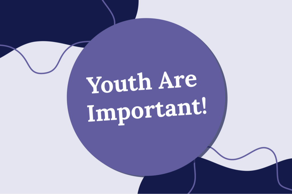 “Youth Are Important!,” in the centre on a purple circle on a white background. Navy blue blobs at the top and bottom opposite corners with purple outline blobs.