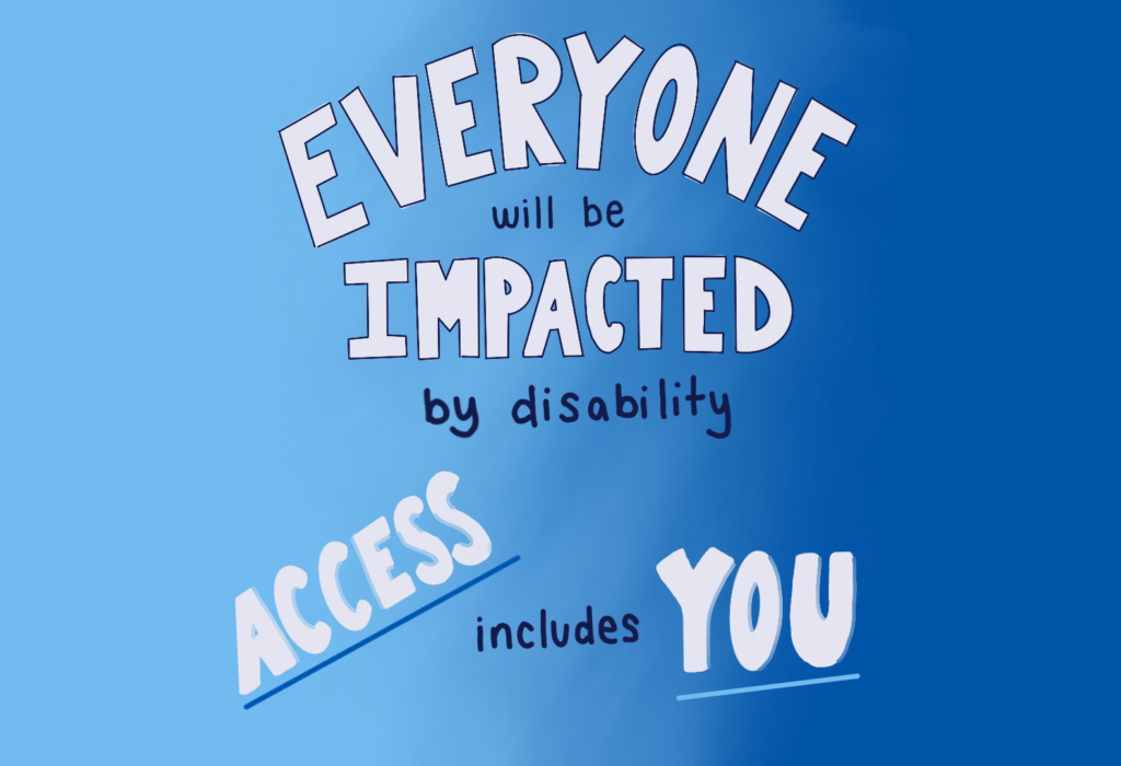 Art Piece that says "Everyone will be impacted by disability. Access includes you." on a blue gradient background